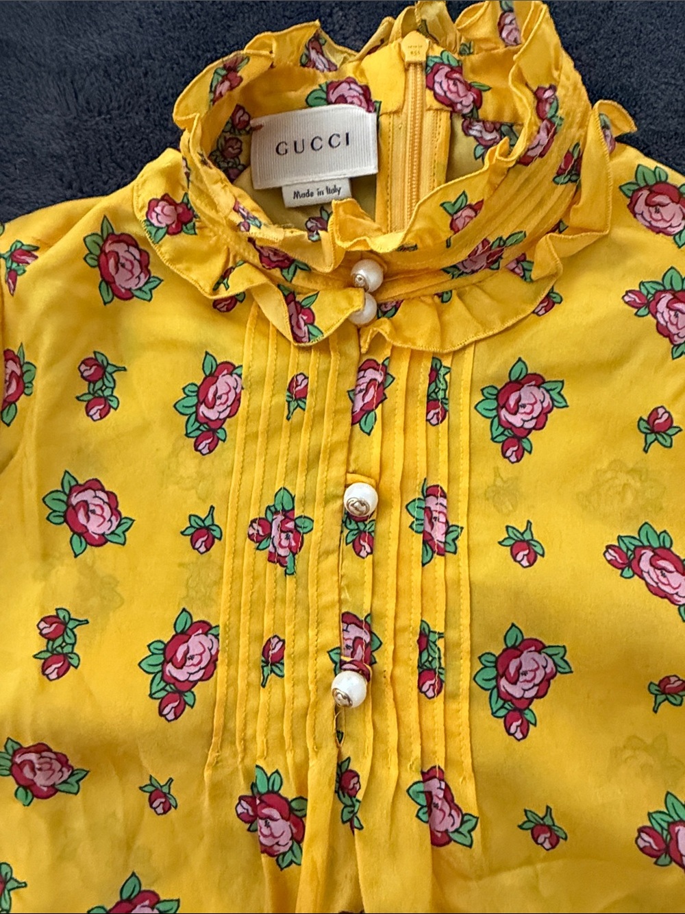 Gucci Yellow Floral Ruffle-Neck Silk Dress